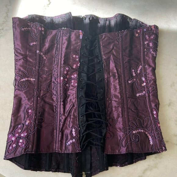 Purple Satin Floral Embroidered Corset With Sequins & Lace-Up Back Design Medium - Picture 10 of 14